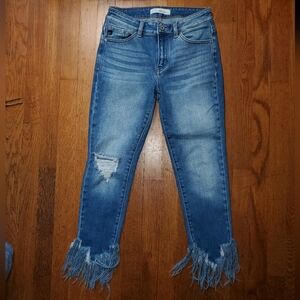 KanCan Leslie Mid Rise Ankle Skinny Jeans with Distressed Fringe